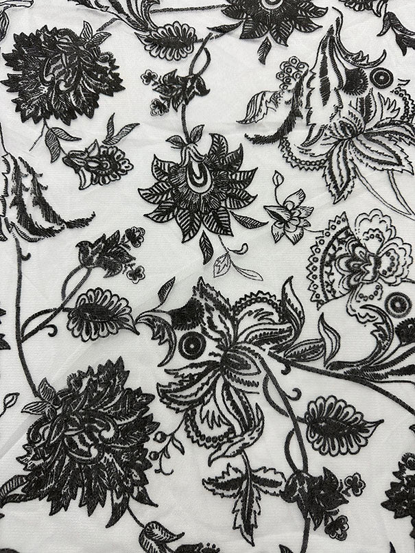 White Flocked Floral Print Mesh Fabric - Image 2
