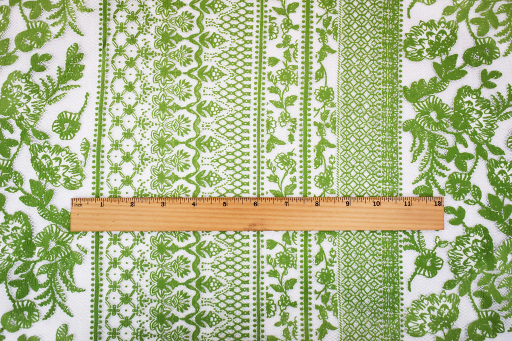 White-Green Nylon Cotton Floral Stripe Printed Mesh Tulle Knit Fabric - Image 4