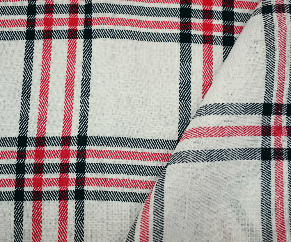 White-Navy-Red Plaid Printed Linen Woven Fabric - Image 4
