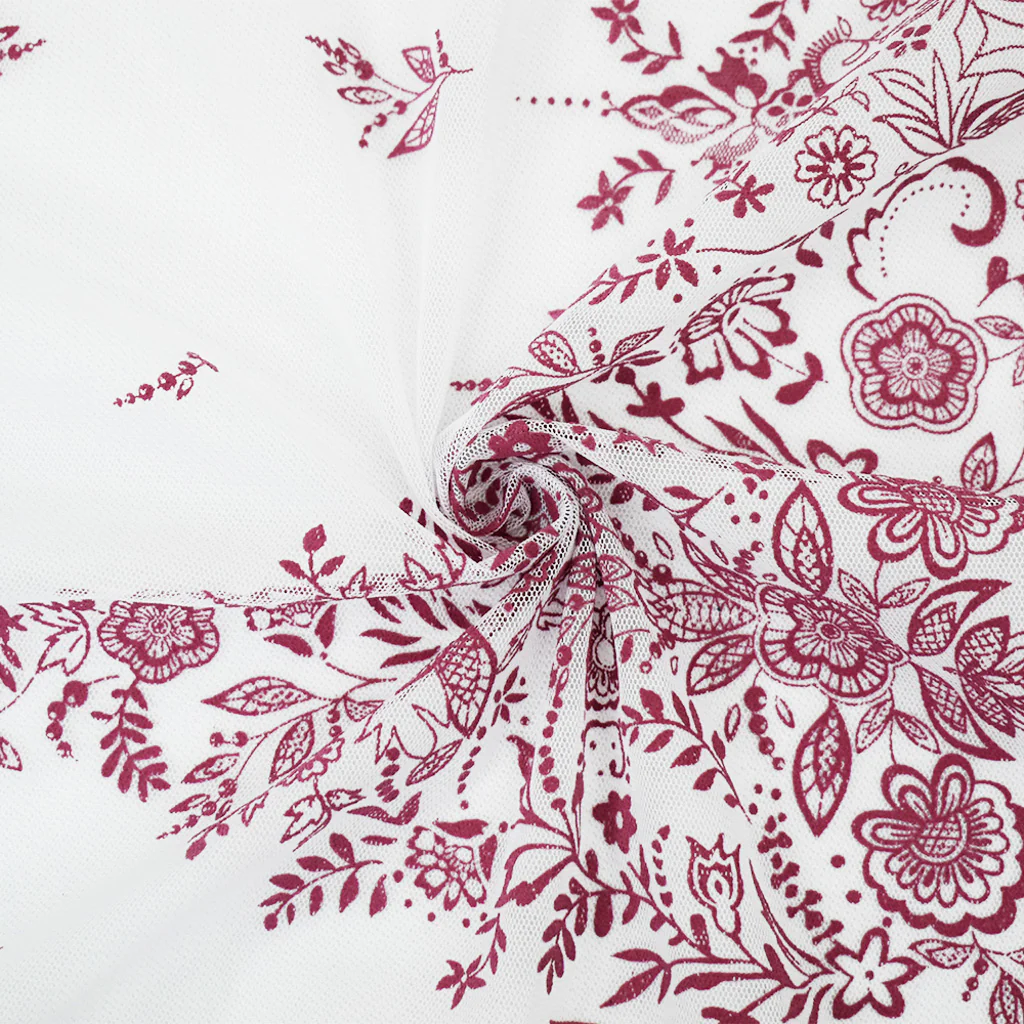 White-Pink Nylon Floral Border Scallop Printed Mesh Tulle Fabric