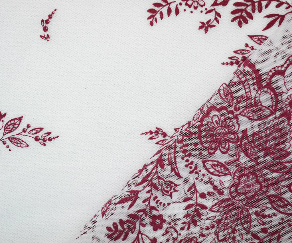 White-Pink Nylon Floral Border Scallop Printed Mesh Tulle Fabric - Image 2