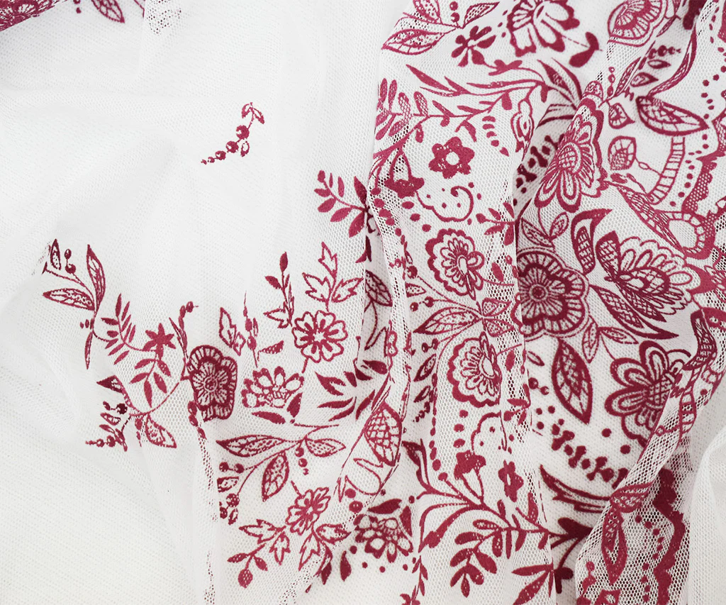 White-Pink Nylon Floral Border Scallop Printed Mesh Tulle Fabric - Image 3