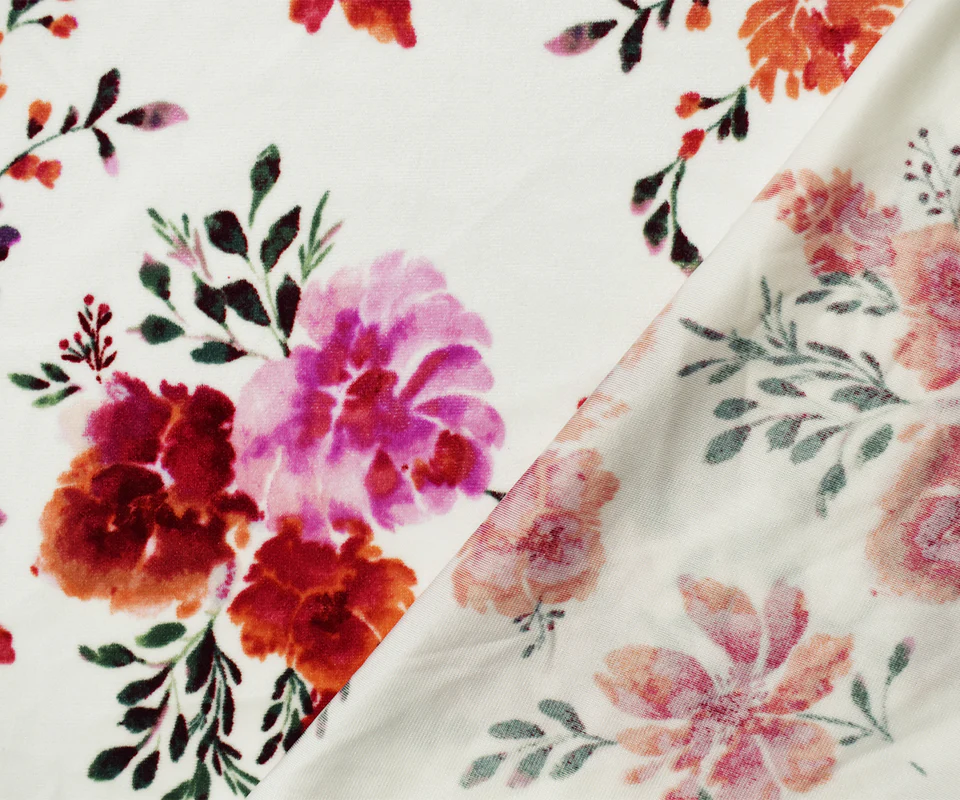 White-Red-Multi Poly Stretch Floral Printed Velvet Knit Fabric - Image 2