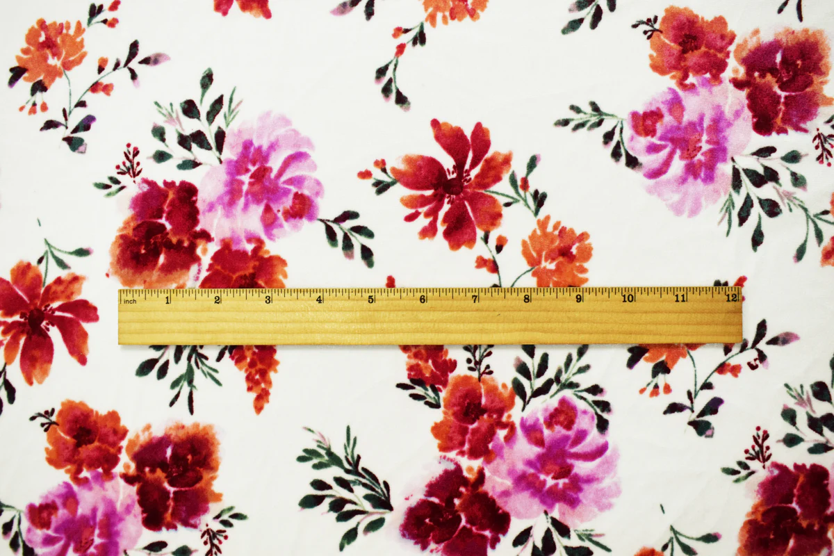 White-Red-Multi Poly Stretch Floral Printed Velvet Knit Fabric - Image 4