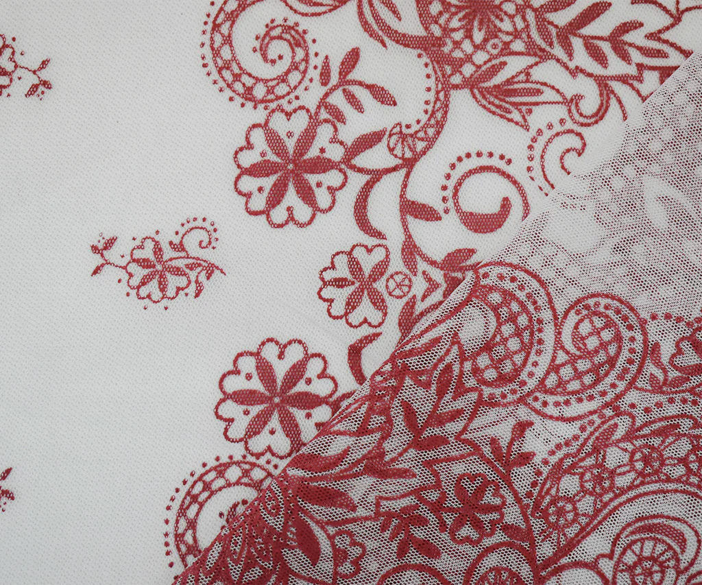 White-Red Nylon Floral Border Printed Mesh Tulle Knit Fabric - Image 2