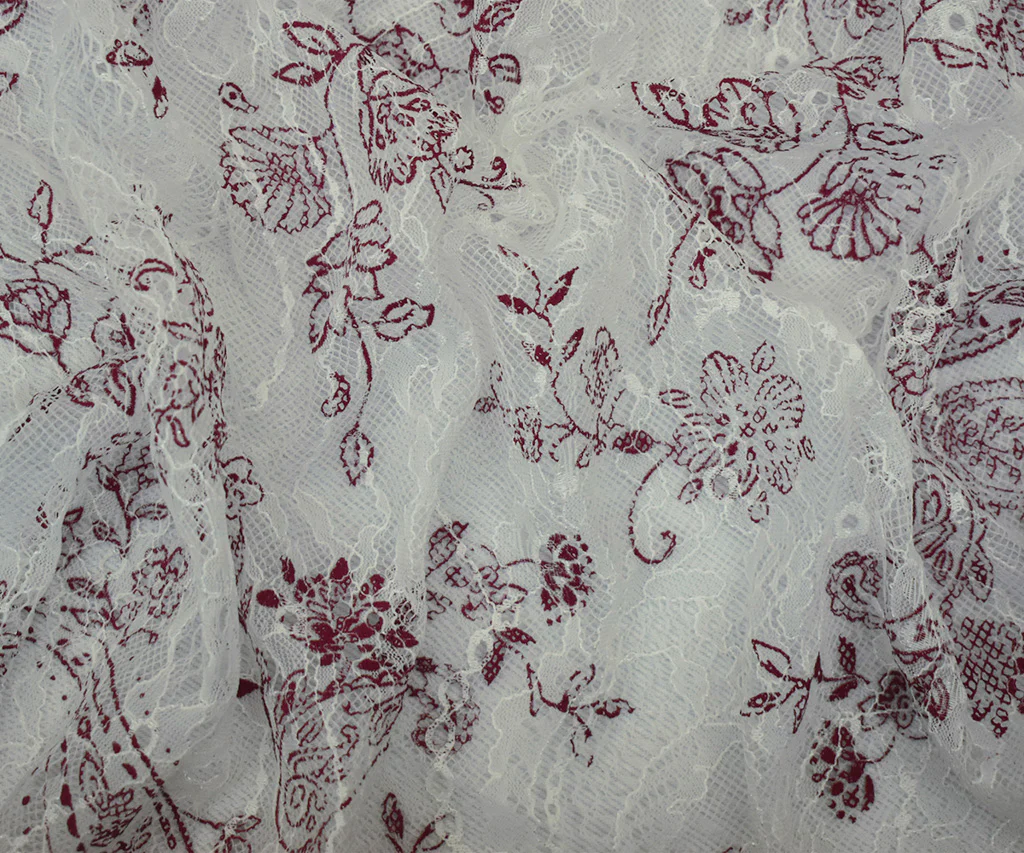 White-Red Nylon Floral Paisley Printed Lace Mesh Knit Fabric - Image 3