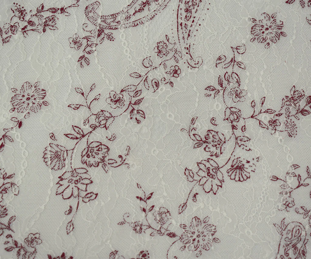 White-Red Nylon Floral Paisley Printed Lace Mesh Knit Fabric - Image 4