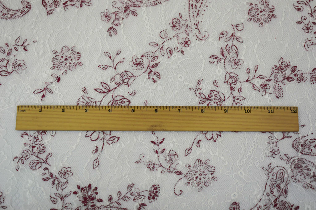 White-Red Nylon Floral Paisley Printed Lace Mesh Knit Fabric - Image 5