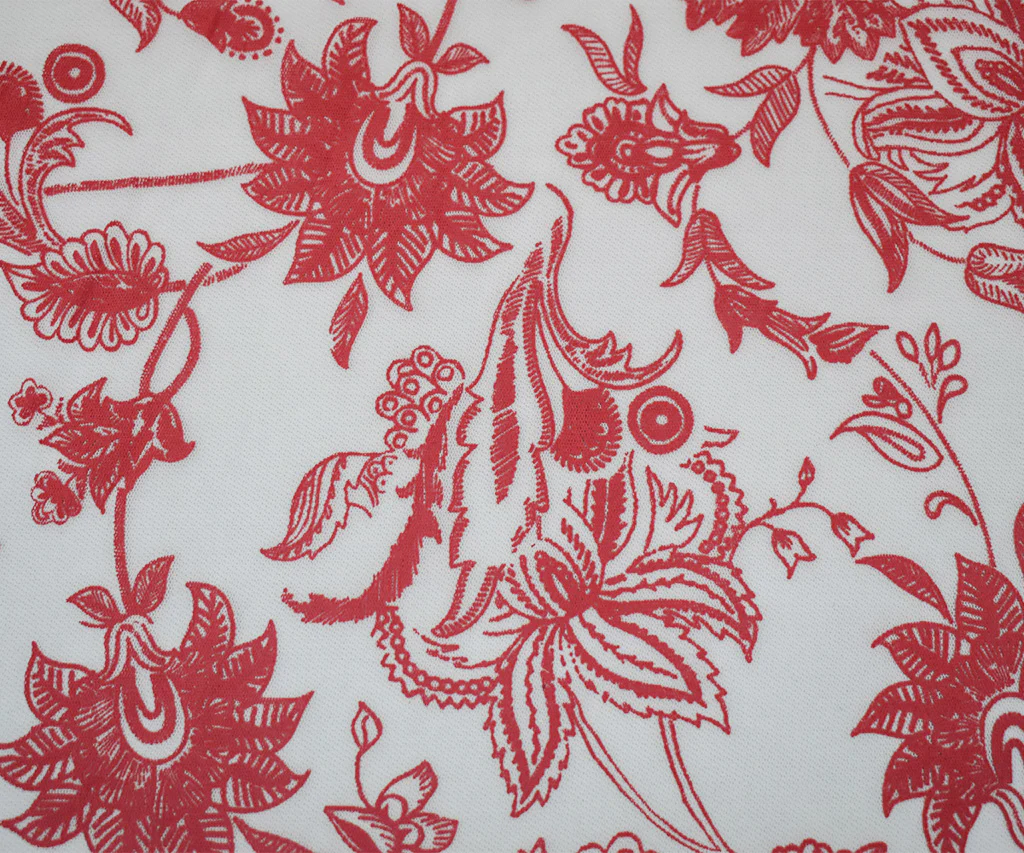 White-Red Nylon Floral Printed Mesh Tulle Knit Fabric - Image 3