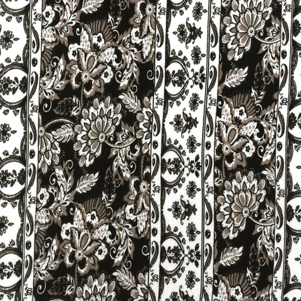 White-Taupe-Black Striped Floral Printed Rayon Stretch Jersey Knit Fabric