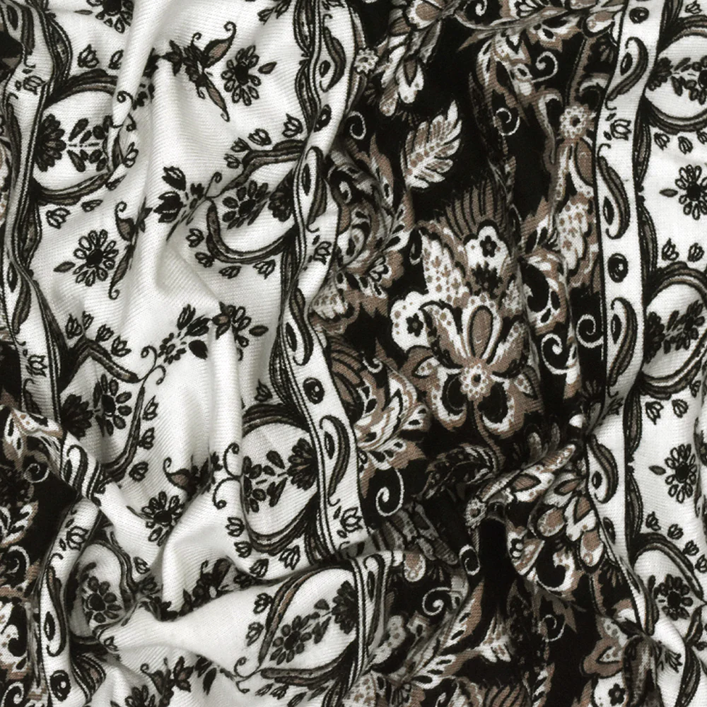 White-Taupe-Black Striped Floral Printed Rayon Stretch Jersey Knit Fabric - Image 3