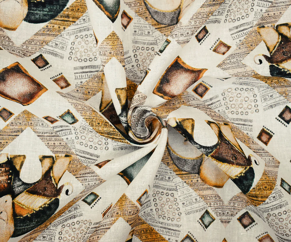 White-Yellow-Multi Elephant Diamond Pattern Printed Linen Woven Fabric - Image 3