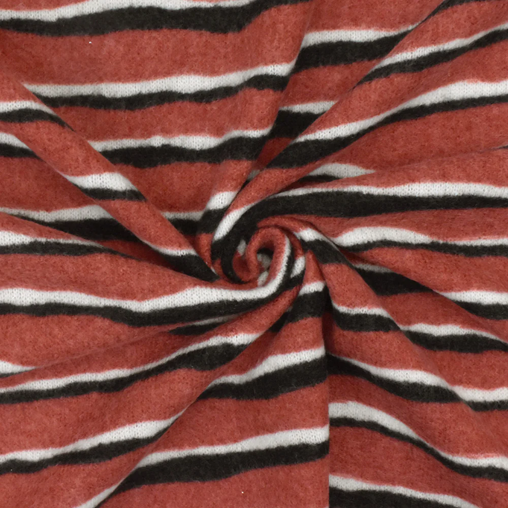 Winter Red-Black-White Stripe Printed Stretch Poly Brush Jersey Knit Fabric - Image 2
