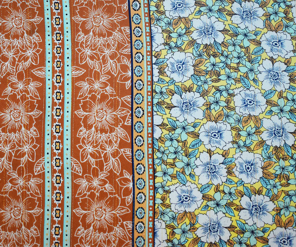 Yellow-Multi Floral Border Print Stretch Metallic Poly Ghost Crepe Fabric - Image 3