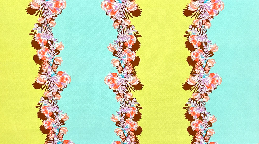 Yellow-Multi Poly Floral Diamond Border Printed Pebble Crepe Woven Fabric - Image 2
