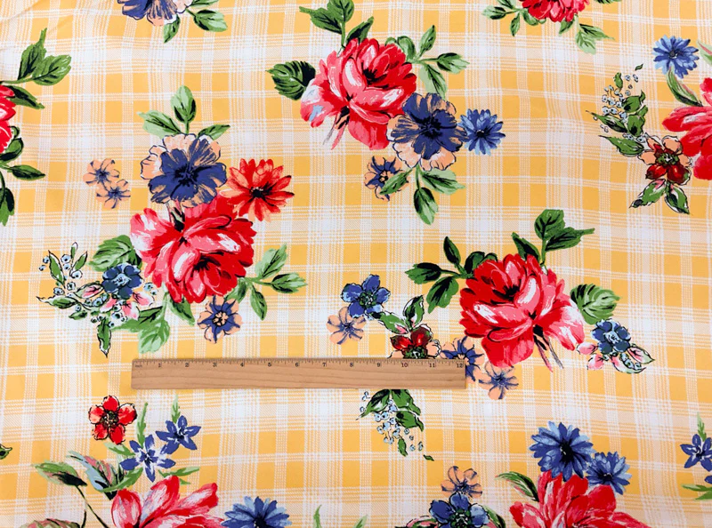 Yellow-Red-Multi Rayon Floral Plaid Printed Challis Woven Fabric - Image 4