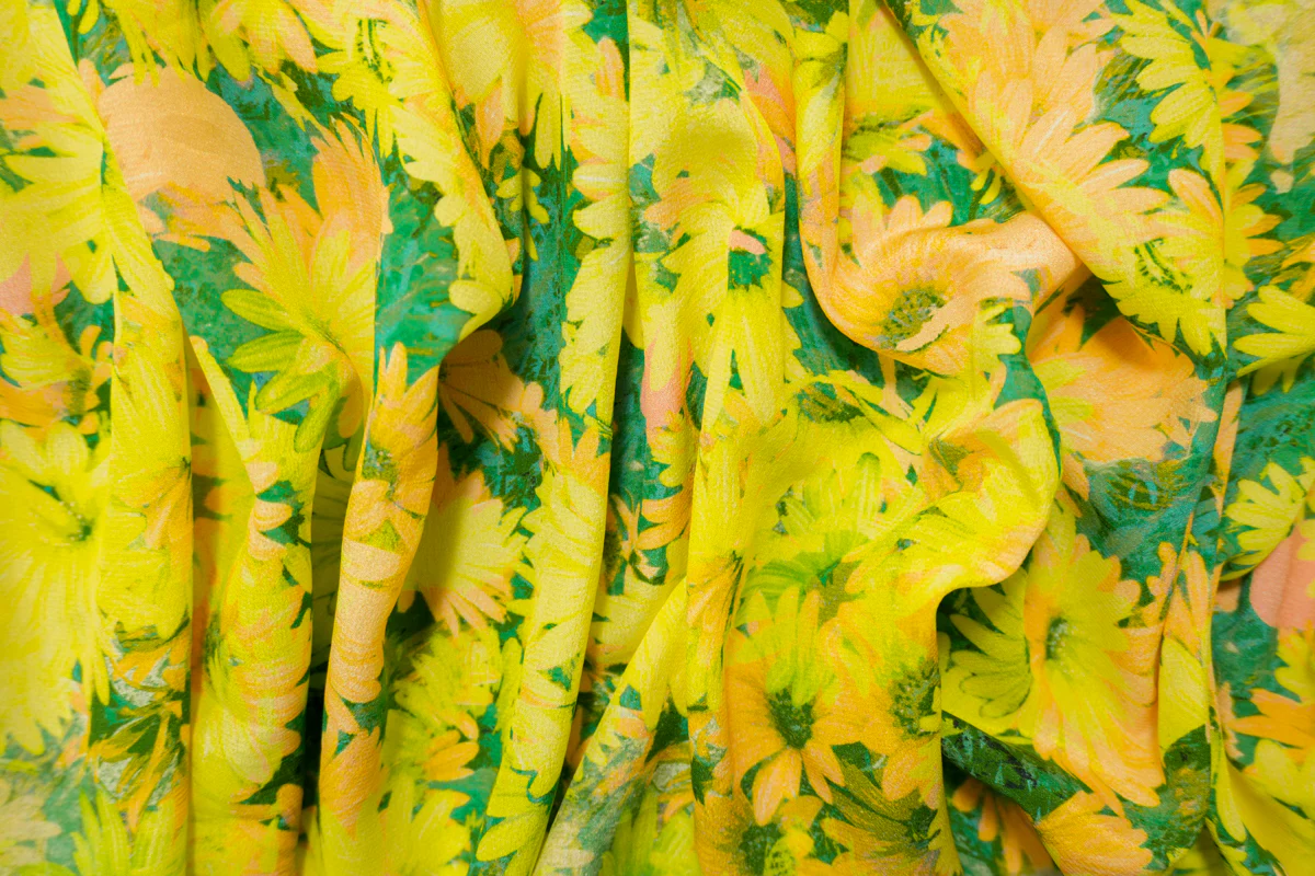 Yellow Silk Floral Printed Semi-Sheer Crepe Woven Fabric - Image 3