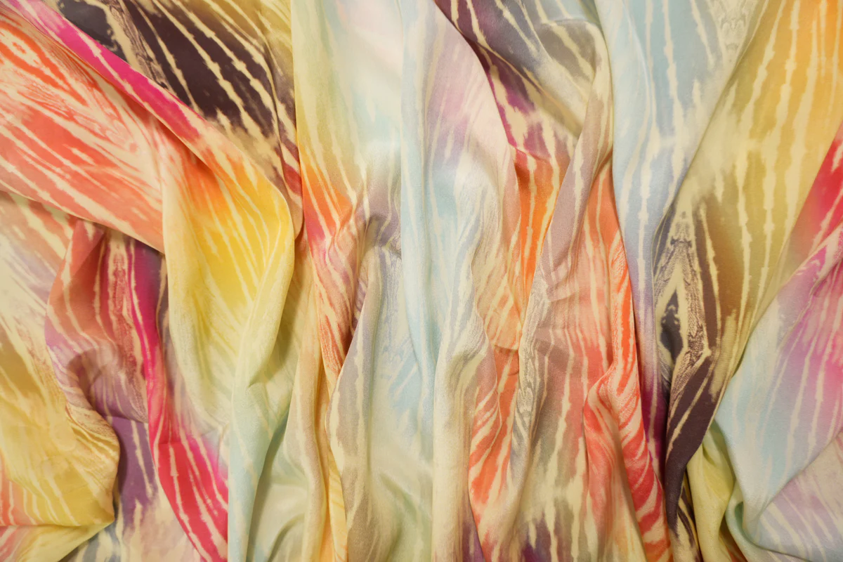 Yellow Silk Watercolor Abstract Printed Crepe De Chine Woven Fabric - Image 3