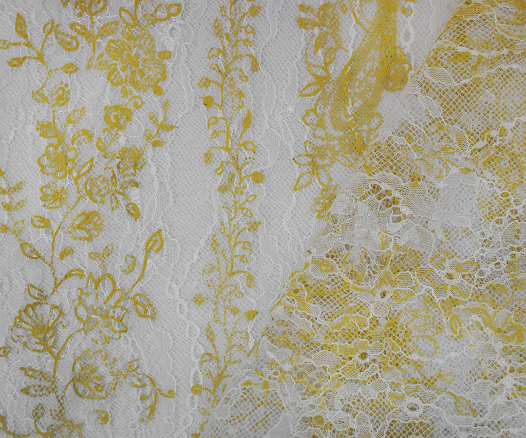Yellow-White Nylon Floral Vine Printed Lace Mesh Knit Fabric - Image 2