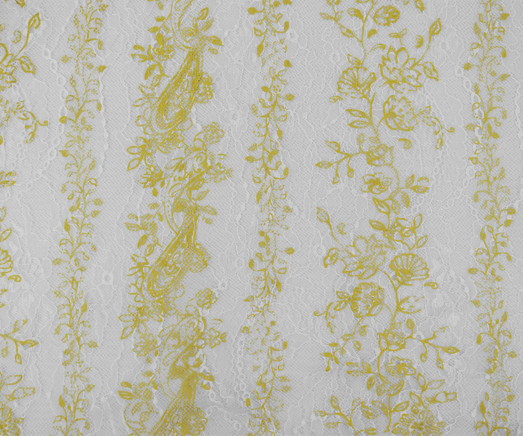 Yellow-White Nylon Floral Vine Printed Lace Mesh Knit Fabric - Image 3